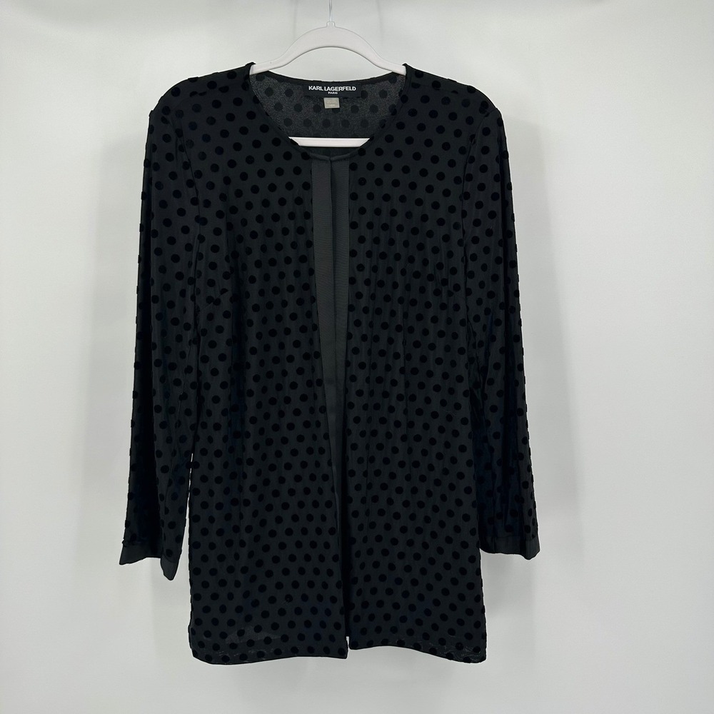 Karl Lagerfeld Womens Quiet Luxury Velvet Cardigan Jacket Sz L Flocked Polka Dot